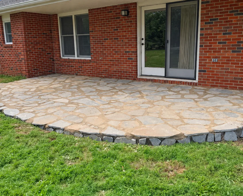 Finished curved flagstone patio with dark stone edging beside a brick house